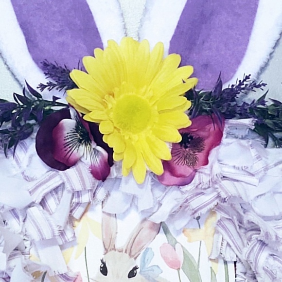Hand Crafted Easter Bunny Rabbit Fabric Rag Wreath, Purple & White, Bunny Sign - Picture 9 of 9